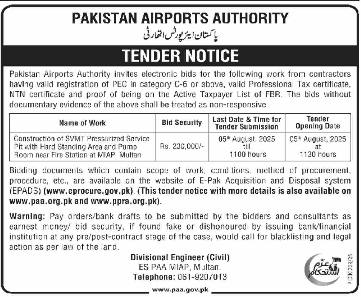 Pakistan Airport Authority Karachi Tender Notice
